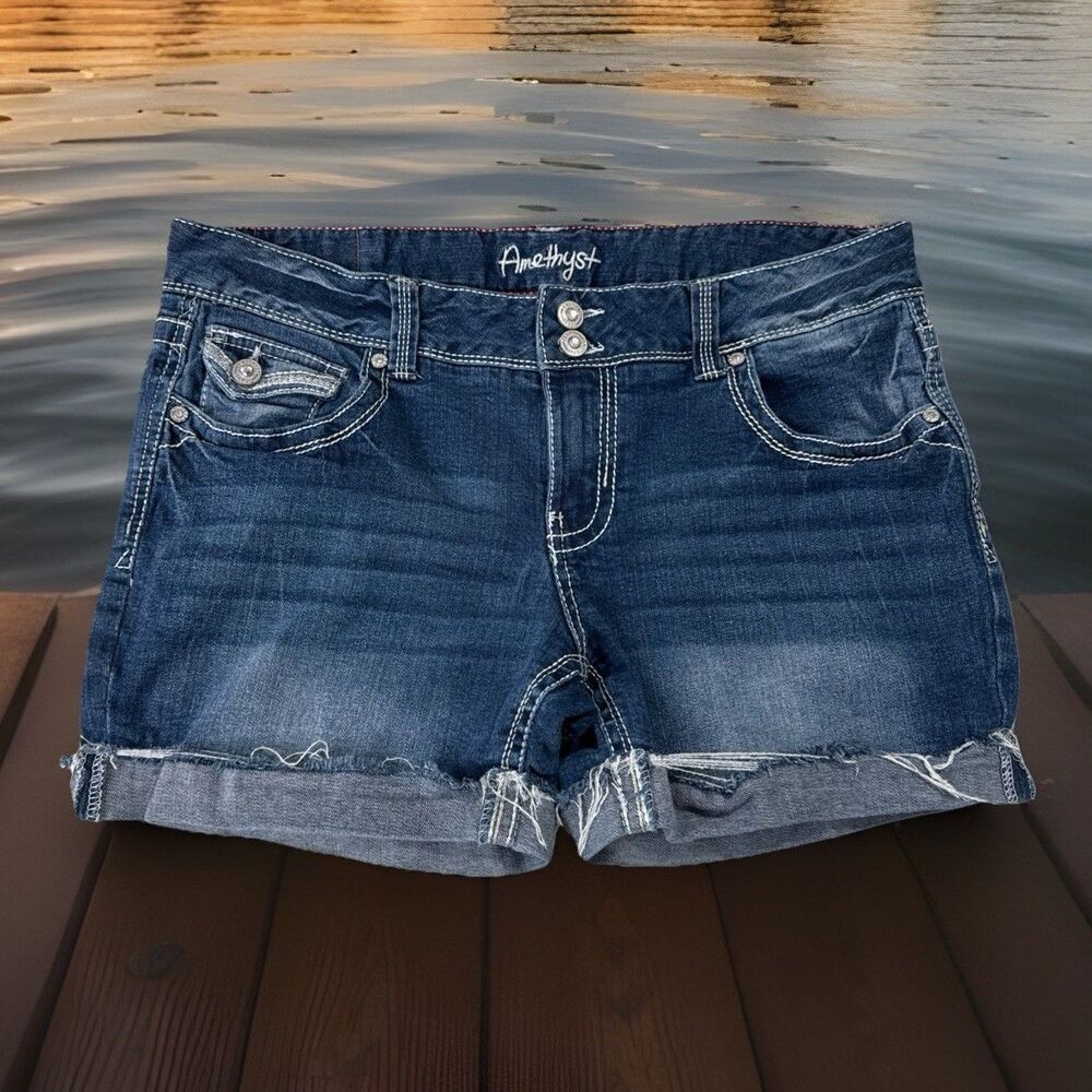 Amethyst Shorts 13 (W33 Inseam 4) Blue Cuffed Low Waist Denim Stretch Juniors